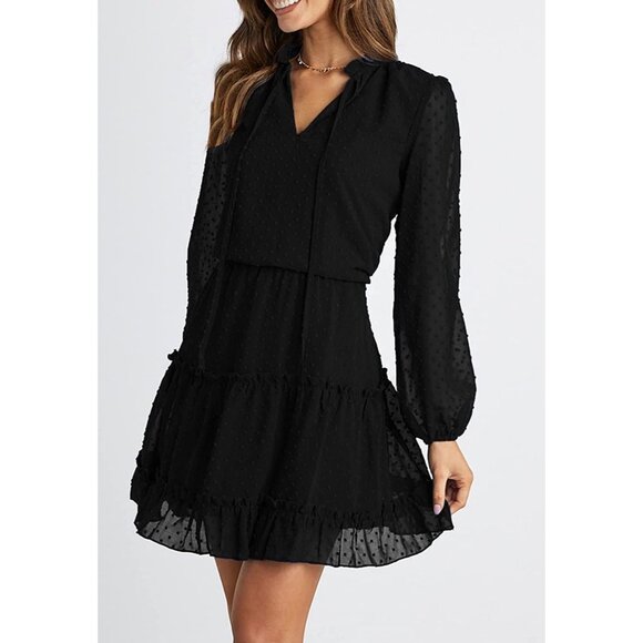 ✌️ 2/$40 ✌New Long Sleeve High Waist Black Dot Swing Dress with Ruffles sz Large - Picture 3 of 8